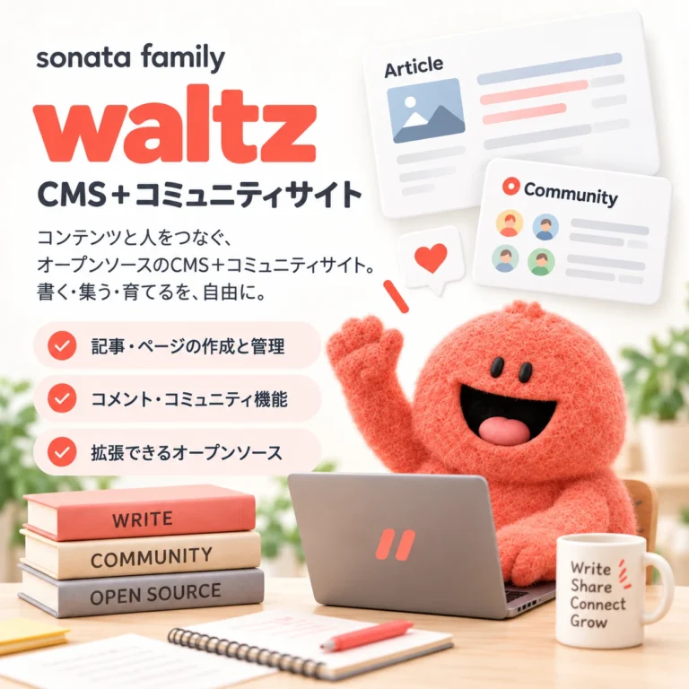 waltz（CMS＋コミュニティサイト）の紹介画像。記事・ページの作成と管理、コメント・コミュニティ機能、拡張できるオープンソース